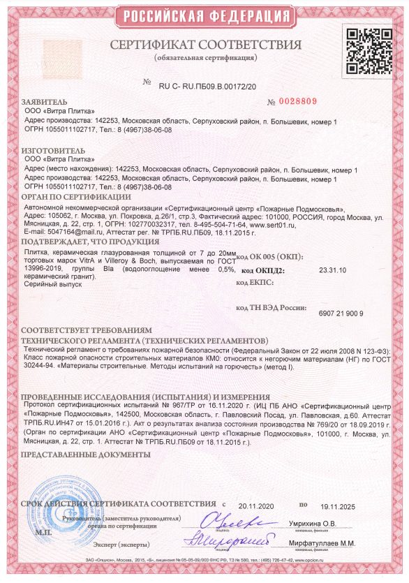 Сертификат соответствия продукции требованиям пожарной безопасности